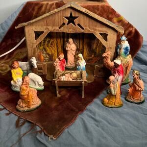 Vintage 60s Chalkware Nativity Set Lighted Diorama Stable Creche Christmas Decor
